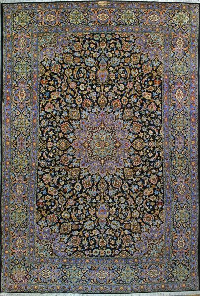 https://www.armanrugs.com/ | 9' 2" x 13' 7" Navy Blue Kashan Hand Knotted Wool & Silk Authentic Persian Rug