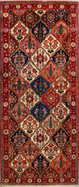https://www.armanrugs.com/ | 4' 1" x 9' 11" Red Bakhtiari Hand Knotted Wool Authentic Runner Persian Rug