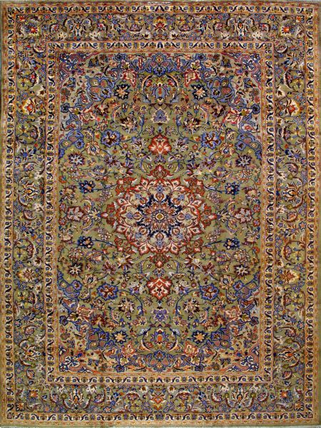 https://www.armanrugs.com/ | 9' 6" x 12' 10" Green Esfahan Hand Knotted Wool Authentic Persian Rug