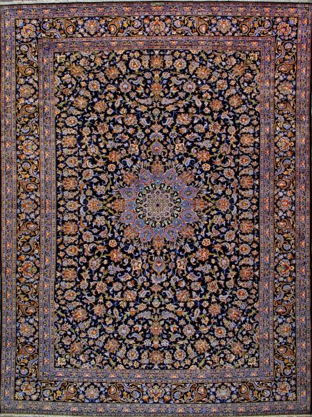 https://www.armanrugs.com/ | 10' 3" x 13' 5" Navy Blue Kashan Hand Knotted Wool Authentic Persian Rug