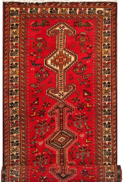 https://www.armanrugs.com/| 3' 7" x 10' 6" Red Abadeh Hand Knotted Wool Authentic Runner Persian Rug