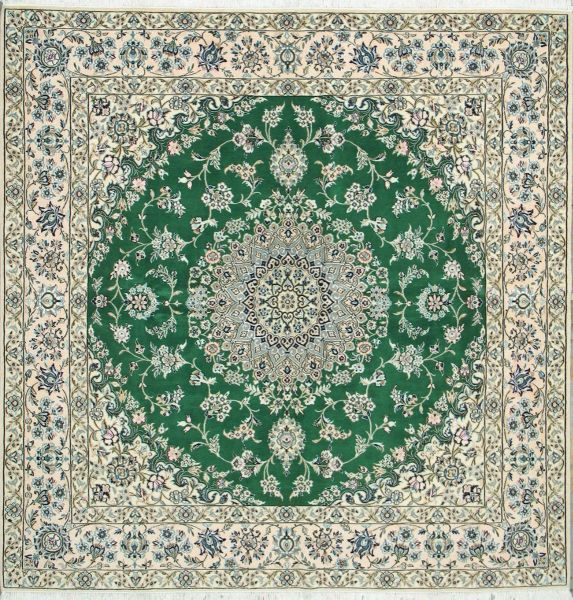 https://www.armanrugs.com/ | 6' 6" x 6' 8" Green Nain Hand Knotted Wool & Silk Authentic Persian Rug