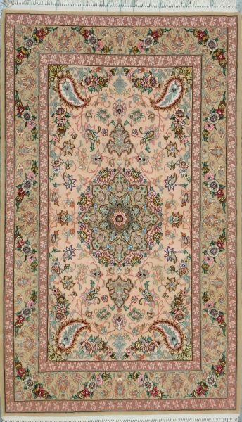 https://www.armanrugs.com/ | 3' 5" x 5' 8" Peach Esfahan Hand Knotted Wool & Silk Authentic Persian Rug