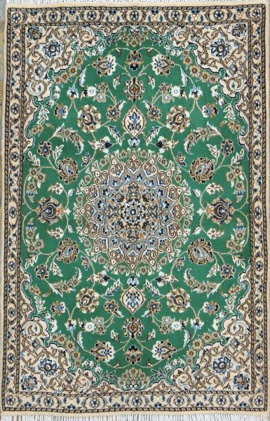 https://www.armanrugs.com/ | 2' 11" x 4' 7" Green Nain Hand Knotted Wool & Silk Authentic Persian Rug