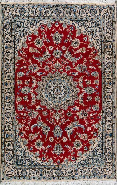 https://www.armanrugs.com/ | 3' 8" x 5' 9" Red Nain Hand Knotted Wool & Silk Authentic Persian Rug