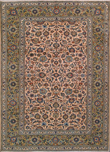 https://www.armanrugs.com/ | 6' 11" x 9' 7" Beige Kashan Hand Knotted Wool Authentic Persian Rug