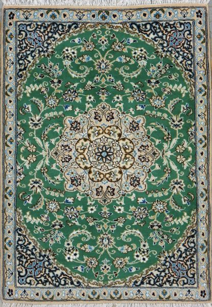 https://www.armanrugs.com/ | 3' 1" x 4' 3" Green Nain Hand Knotted Wool & Silk Authentic Persian Rug