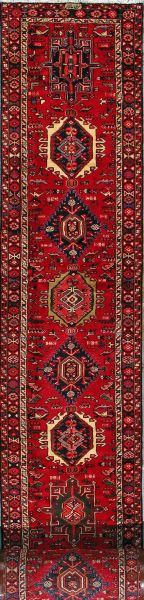 https://www.armanrugs.com/ | 2' 8" x 36' 5" Red Gharajeh Hand Knotted Wool Authentic Runner Persian Rug