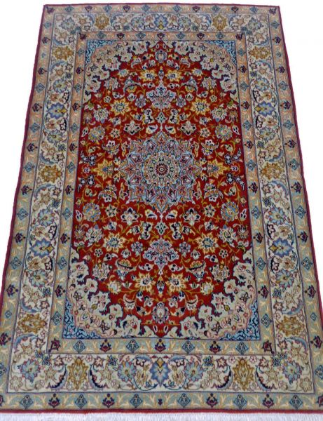 https://www.armanrugs.com/ | 3' 5" x 5' 1" Red Esfahan Handmade Wool-Silk Authentic Persian Rug
