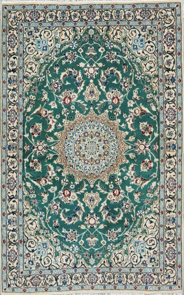 https://www.armanrugs.com/ | 3' 9" x 5' 10" Green Nain Hand Knotted Wool & Silk Authentic Persian Rug