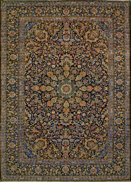 https://www.armanrugs.com/ | 9' 6" x 13' 3" Navy Blue Kashan Hand Knotted Wool Authentic Persian Rug