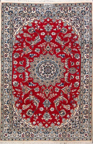 https://www.armanrugs.com/ | 3' 9" x 5' 9" Red Nain Hand Knotted Wool & Silk Authentic Persian Rug