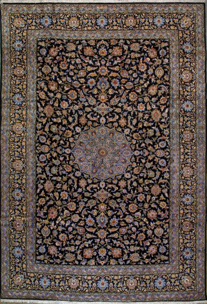 https://www.armanrugs.com/ | 8' 8" x 12' 10" Navy Blue Kashan Hand Knotted Wool Authentic Persian Rug