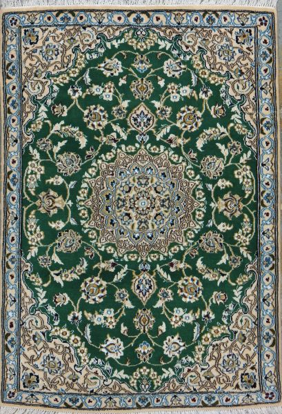 https://www.armanrugs.com/ | 3' 1" x 4' 5" Green Nain Hand Knotted Wool & Silk Authentic Persian Rug
