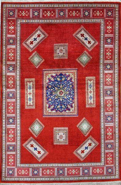 https://www.armanrugs.com/ | 4' 5" x 6' 7" Red Qum Hand Knotted Silk Authentic Persian Rug