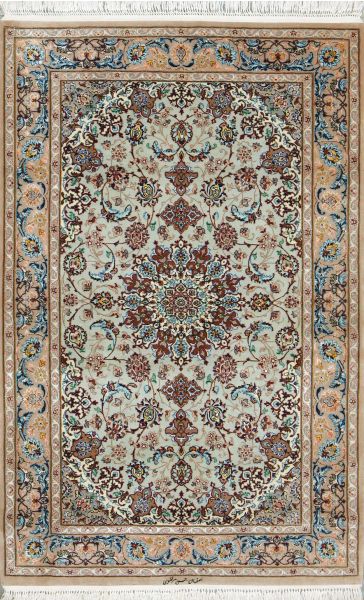 https://www.armanrugs.com/ | 3' 5" x 5' 2" Green Esfahan Hand Knotted Wool & Silk Authentic Persian Rug