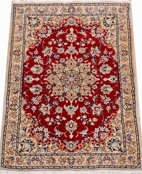 https://www.armanrugs.com/ | 3' 4" x 4' 9" Red Nain Hand Knotted Wool & Silk Authentic Persian Rug