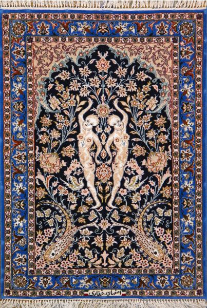 https://www.armanrugs.com/ | 2' 4" X 3' 5" Black Esfahan Hand Knotted Wool & Silk Authentic Persian Rug