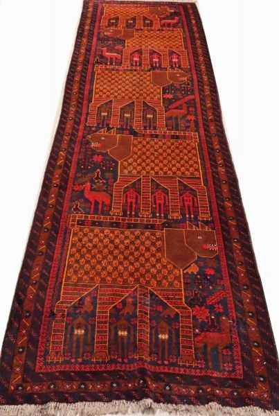 https://www.armanrugs.com/ | 3' 5" x 12' 2" Red Ghochan Hand Knotted Wool Authentic Runner Persian Rug
