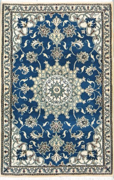 https://www.armanrugs.com/ | 2' 9" x 4' 5" Blue Nain Hand Knotted Wool Authentic Persian Rug