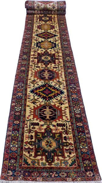 https://www.armanrugs.com/ | 2' 7" x 22' 9" Beige Gharajeh Hand Knotted Wool Authentic Runner Persian Rug