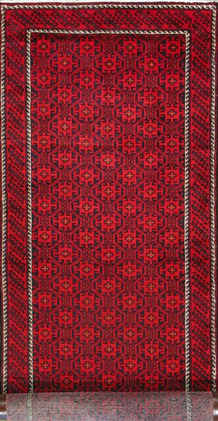 https://www.armanrugs.com/ | 3' 6" x 12' 6" Red Balouch Hand Knotted Wool Authentic Runner Persian Rug