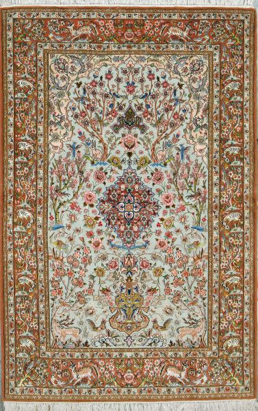 https://www.armanrugs.com/ | 4' 3" x 6' 6" Green Esfahan Hand Knotted Wool & Silk Authentic Persian Rug