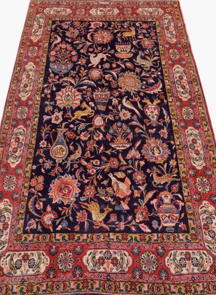 https://www.armanrugs.com/ | 4'7" x 7'11" Navy Blue Sarough Hand Knotted Wool Authentic Pictorial Persian Rug